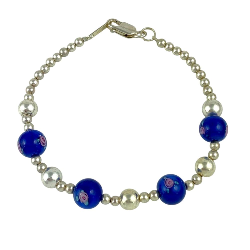 Vintage Floral Art Blue Glass Beaded Bracelet | Sterling Silver 925 | 7"
